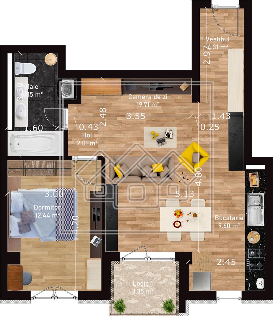 Apartament de vanzare in Sibiu - 2 camere -C3- bloc cu lift si boxa