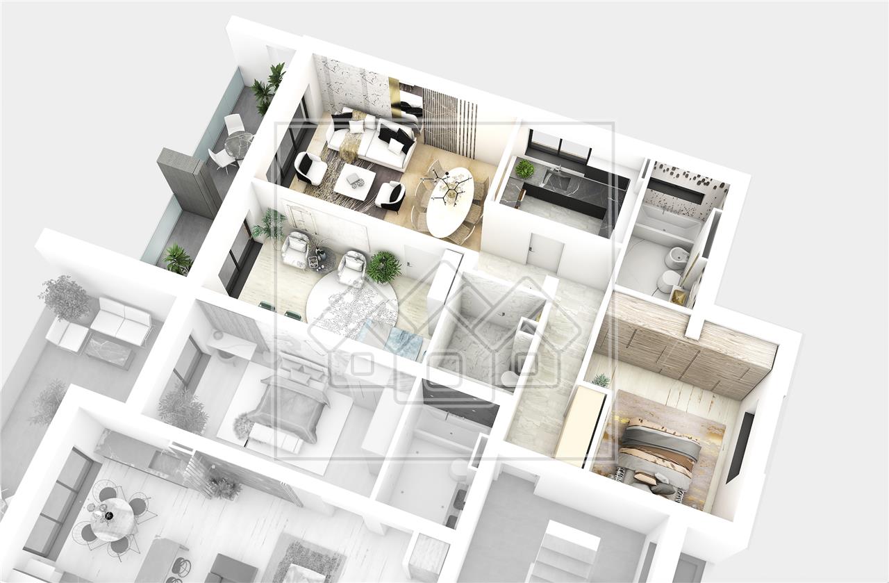 3-room apartment, detached rooms, balcony surrounded by green areas