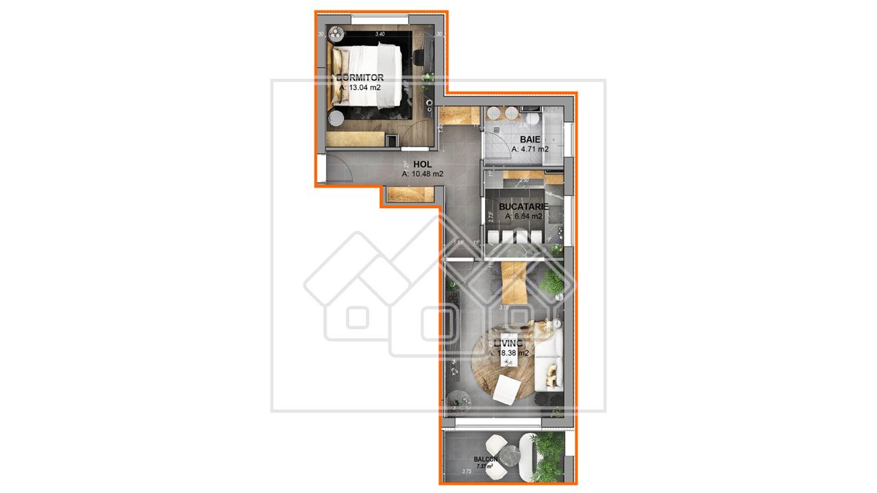 Apartament 2 camere, bucatarie separata, balcon cu sticla securizata